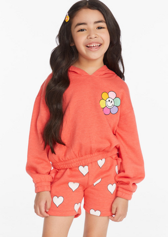 Smiley Flower & Hearts Girls Pullover Hoodie with Shorts SET