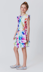 Girls Tiered Skirt & Shirt in Rainbow Ice Dye